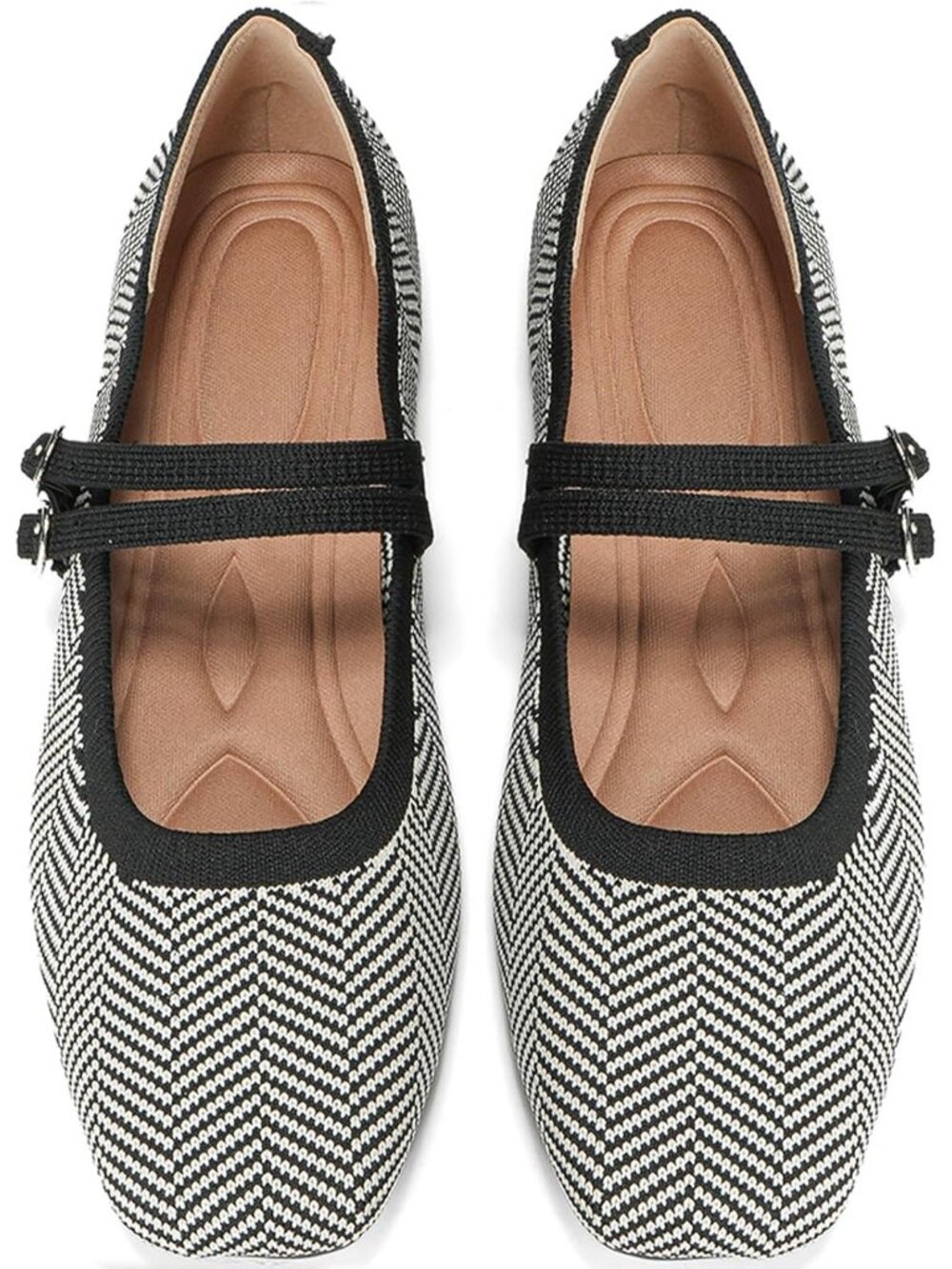 Women's Grey Knit Square Toe Mary Jane Ballet Flats Foldable Buckle Strap Shoes
